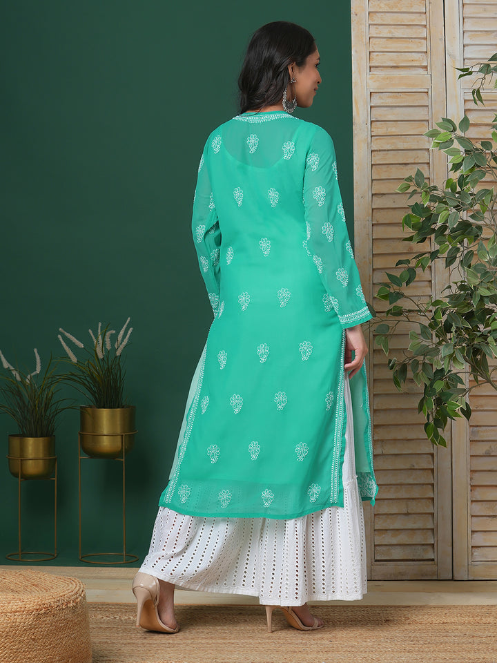 Sea Green Georgette Lucknow Chikan Kurta Only