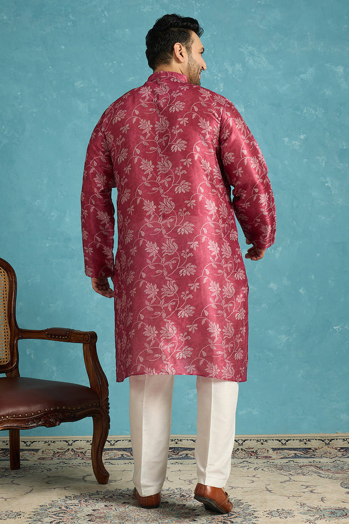 Mens Maroon Silk Blend Floral Printed Kurta