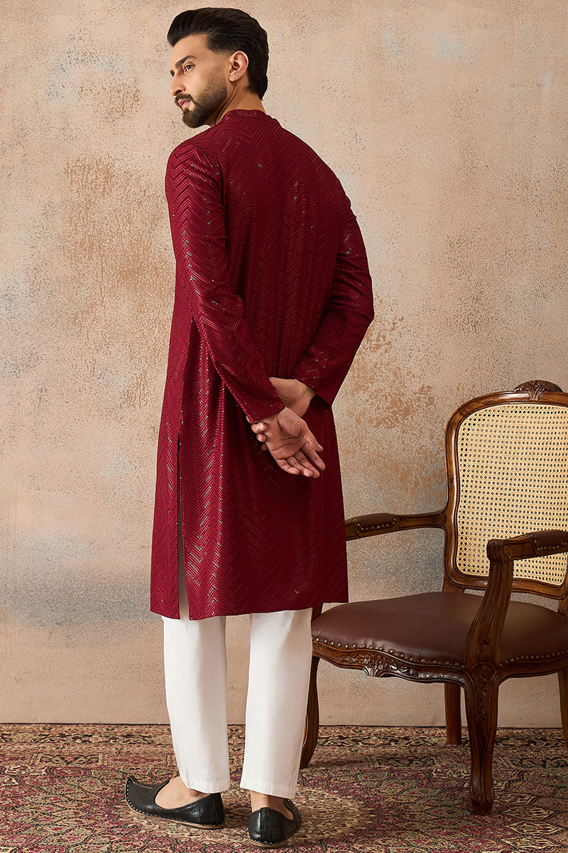 Mens Maroon Rayon Embroidered Straight Kurta