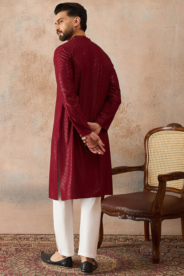 Mens Maroon Rayon Embroidered Straight Kurta