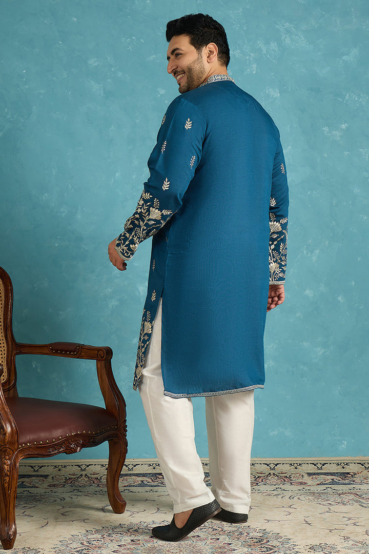 Mens Blue Silk Blend Solid Thread Work Embroidered Kurta
