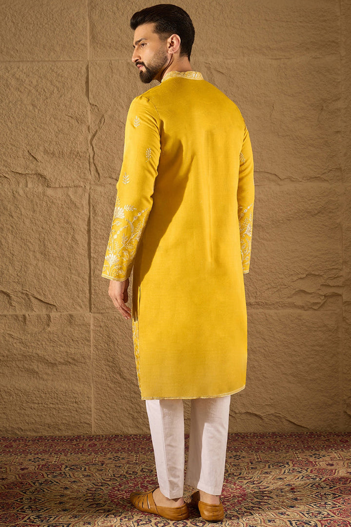 Mens Yellow Vertican Solid Embroidered Straight Kurta