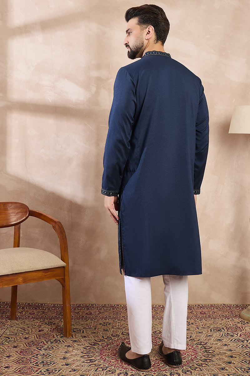 Mens Blue Silk Blend Geometric Embroidered Straight Kurta
