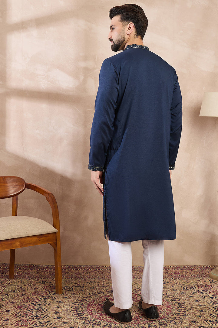 Mens Blue Silk Blend Geometric Embroidered Straight Kurta