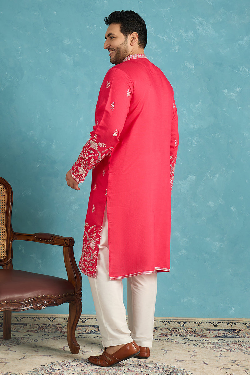 Mens Pink Silk Blend Solid Thread Work Embroidered Kurta