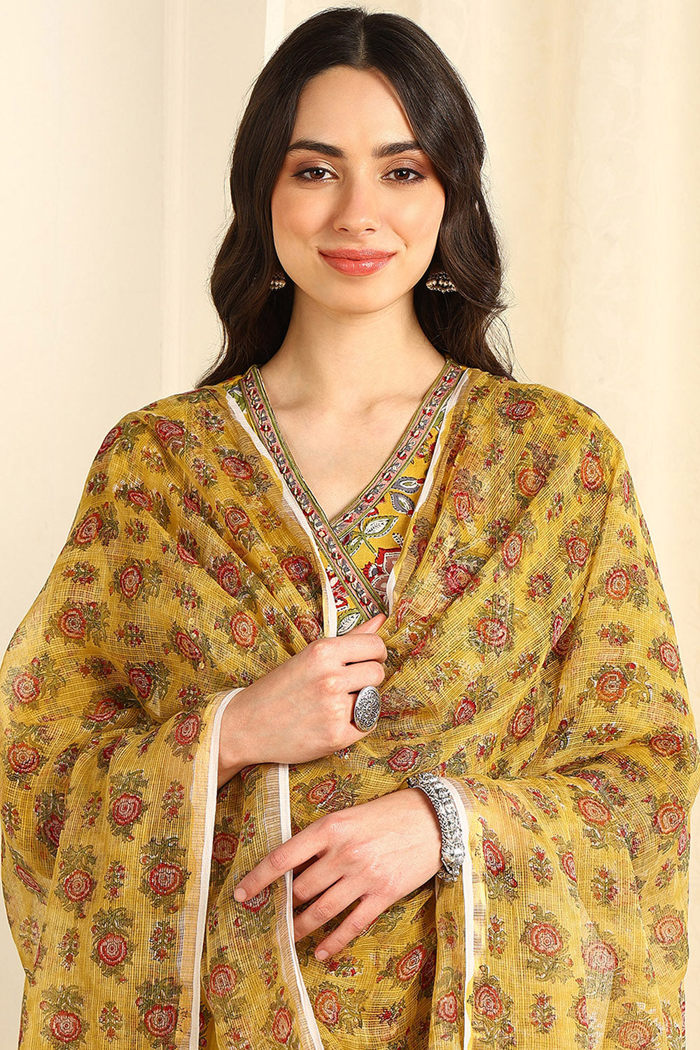 Mustard-Yellow-&-Maroon-Kota-Doria-Printed-Dupatta