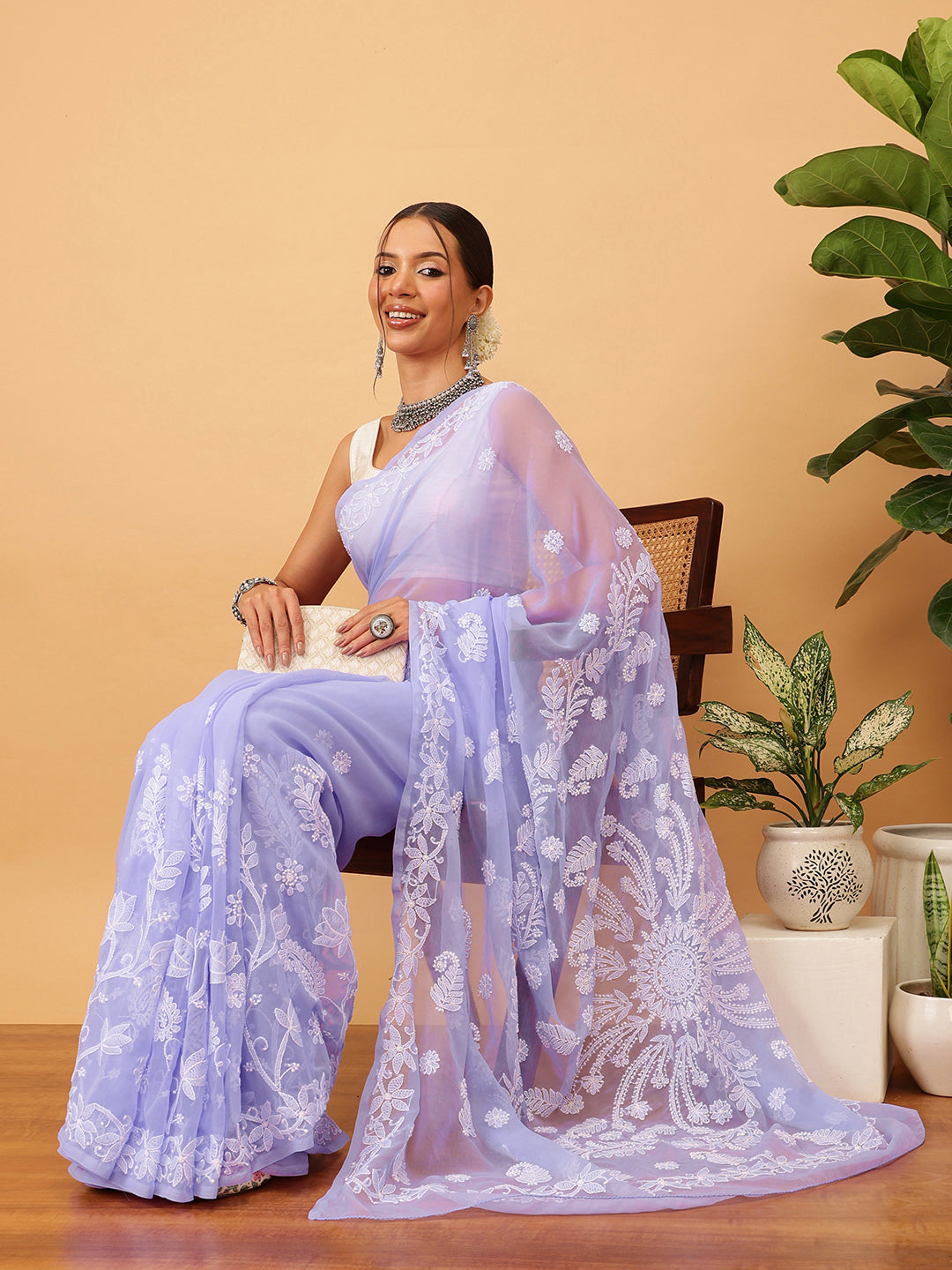 Mauve Poly Georgette Embroidered Chikankari Saree