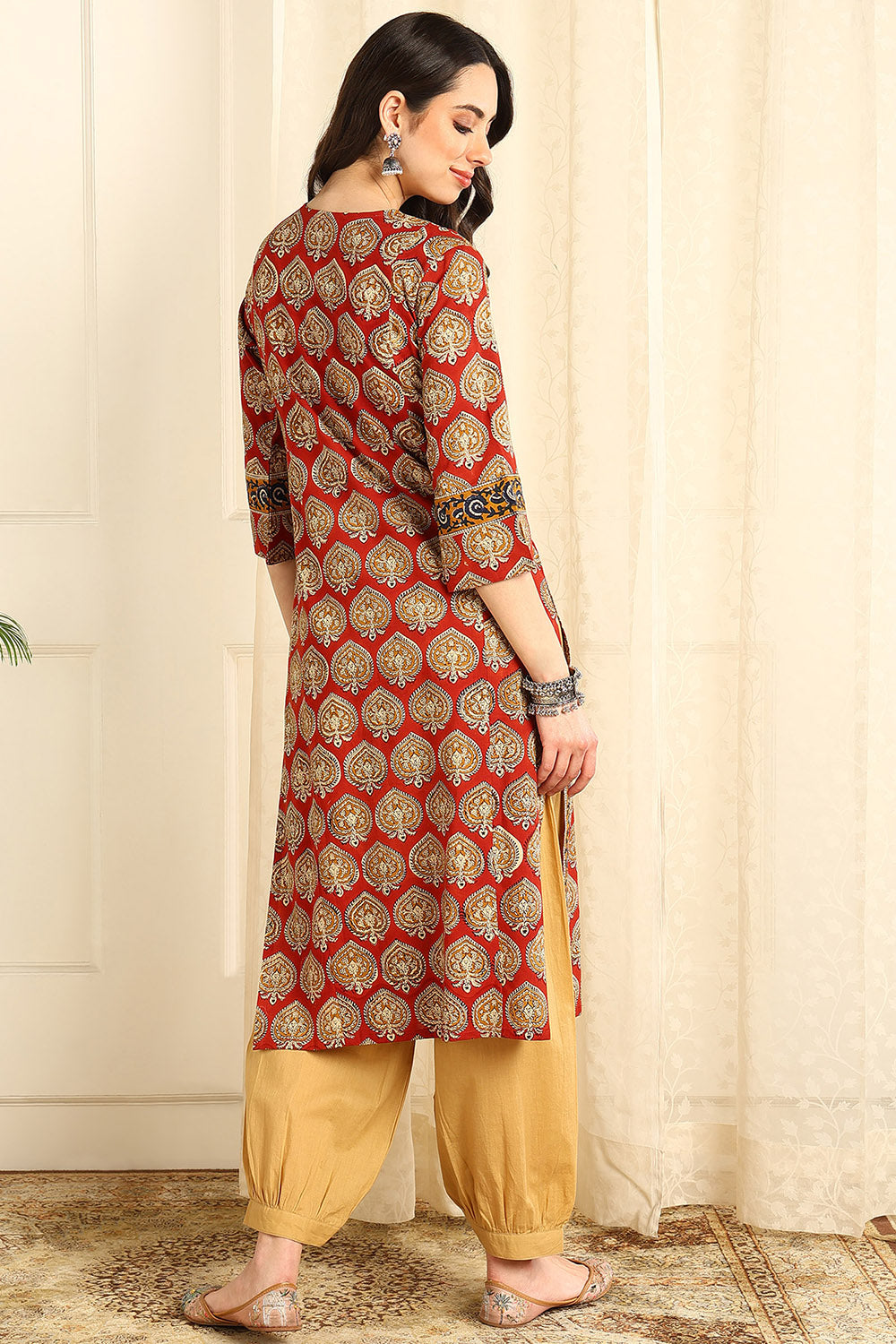 Maroon-Cotton-Straight-Bagru-Kurta