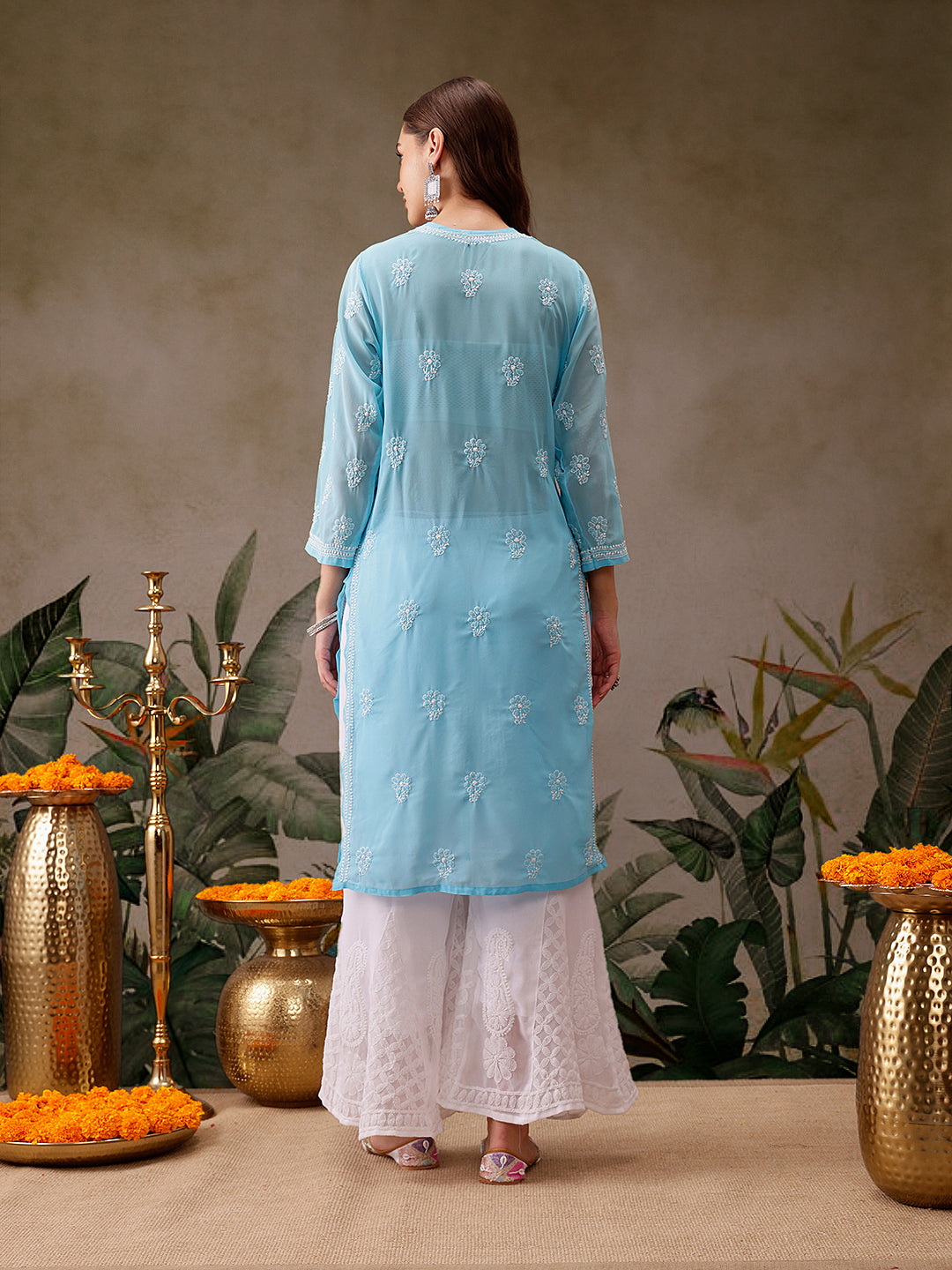 Blue Faux Georgette Chikankari Straight Kurti