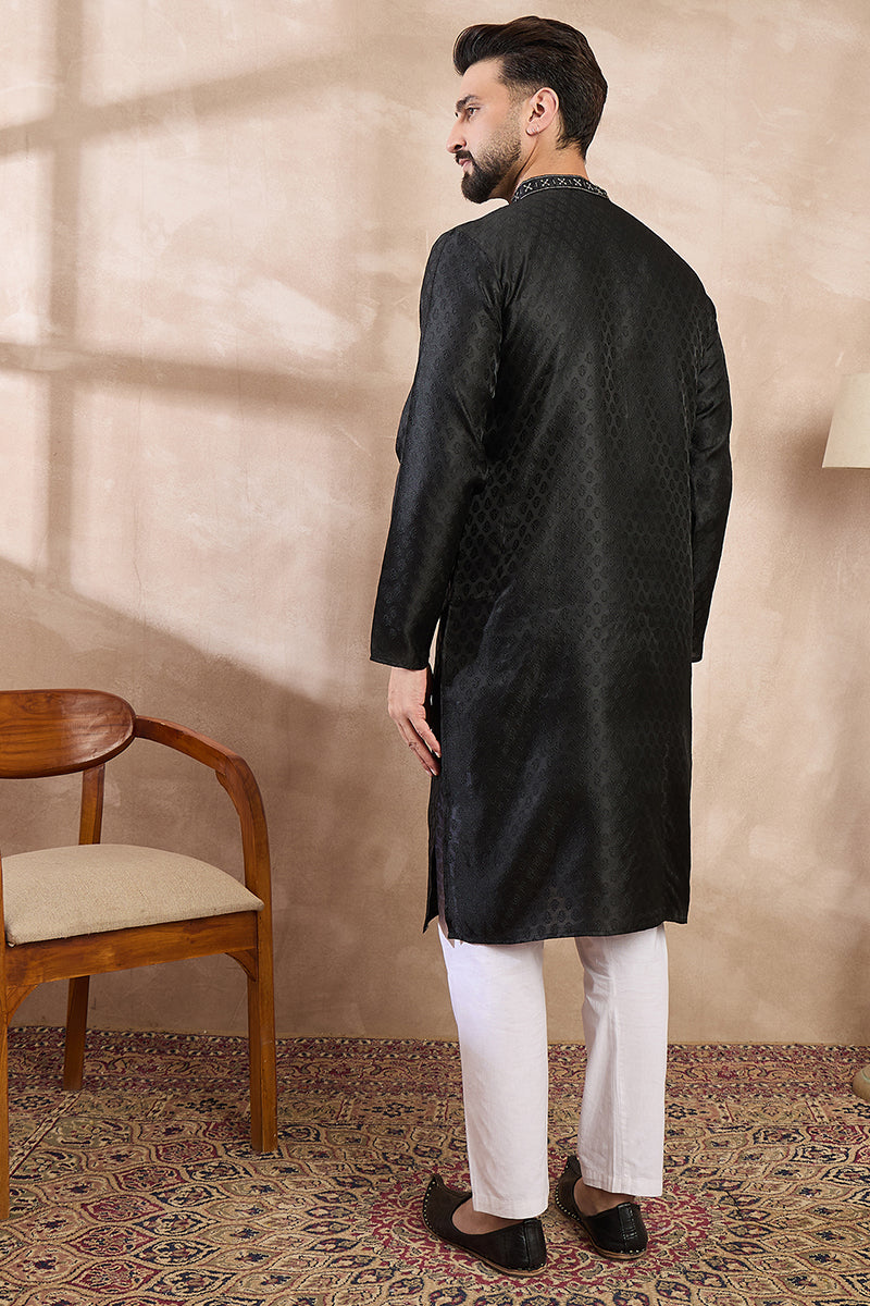 Mens Black Silk Blend Solid Woven Design Straight Kurta