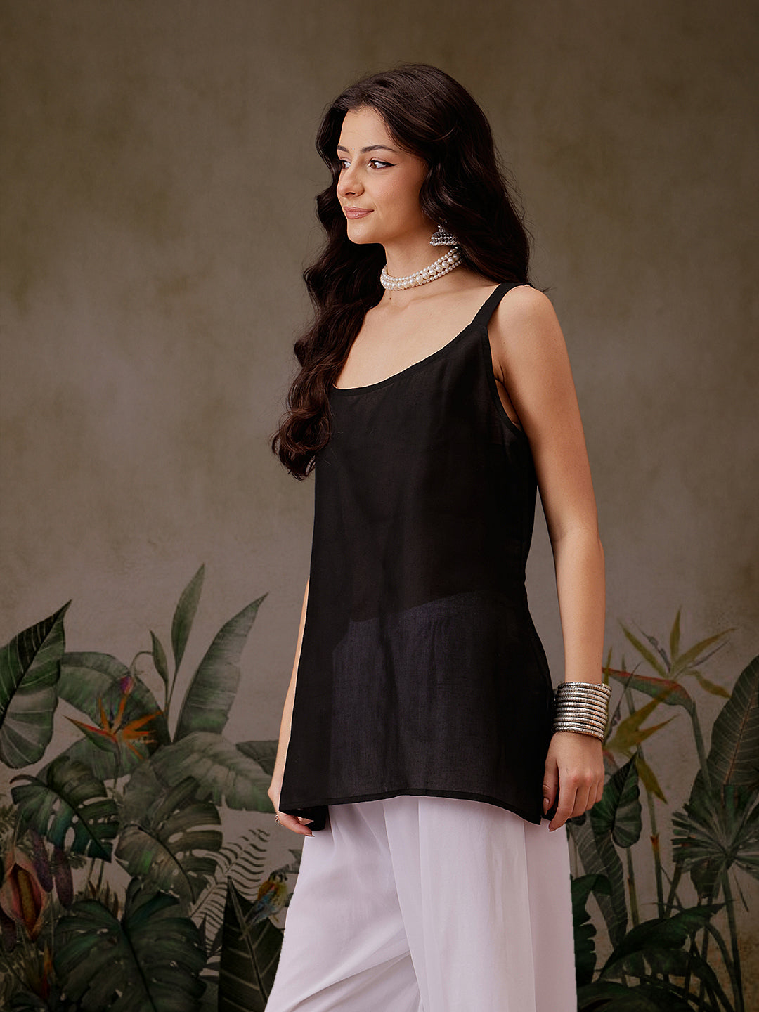 Black Georgette Ghaspatti Chikan Tunic Kurti & Slip