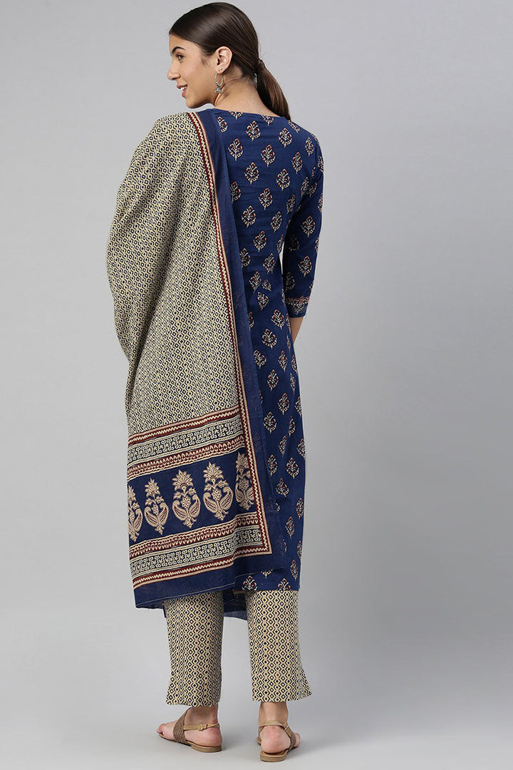 Navy-Blue-Cotton-Fabric-Printed-Fancy-Kurta-And-Palazzo