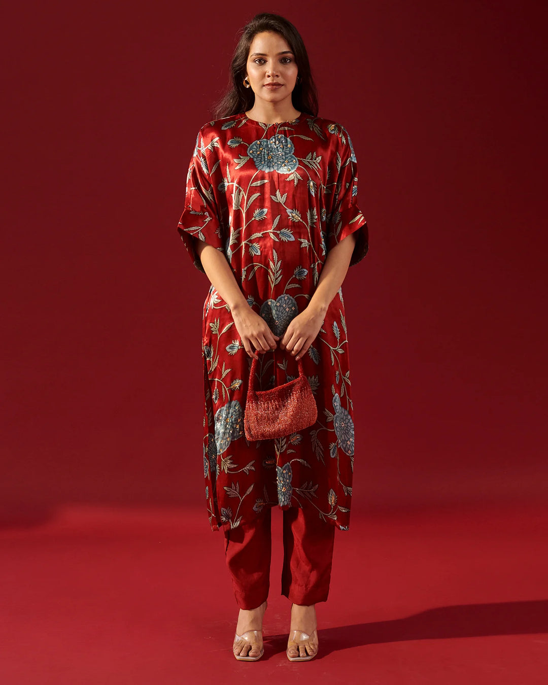 Red-Silk-Floral-Vine-2-Piece-Kaftan-Set