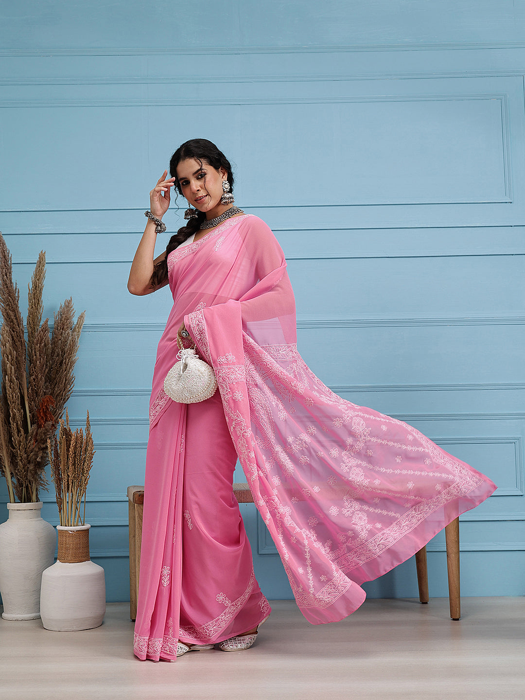 PInk & White Georgette Hand Embroidered Chikankari Saree