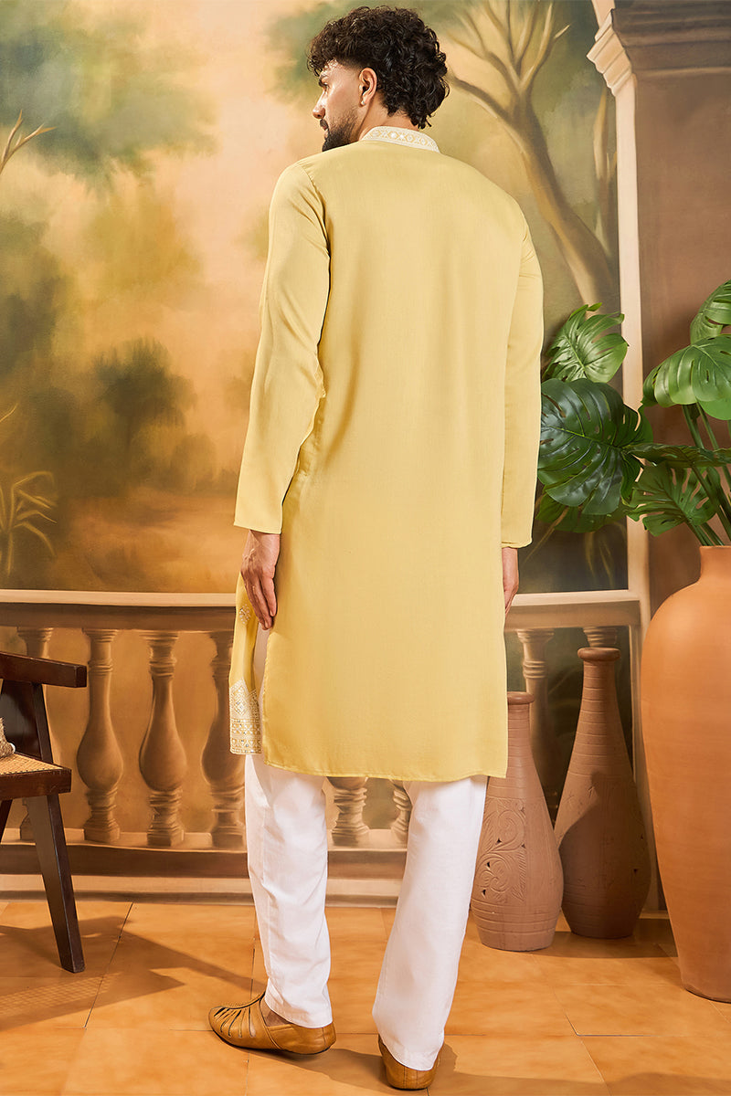 Mens Yellow Silk Solid Embroidered Straight Kurta