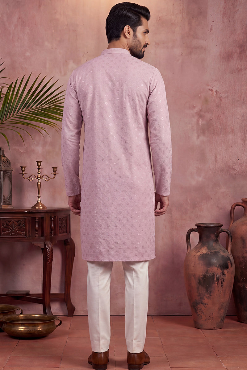 Mens Purple Viscose Rayon Solid Embroidered Straight Kurta with Trouser