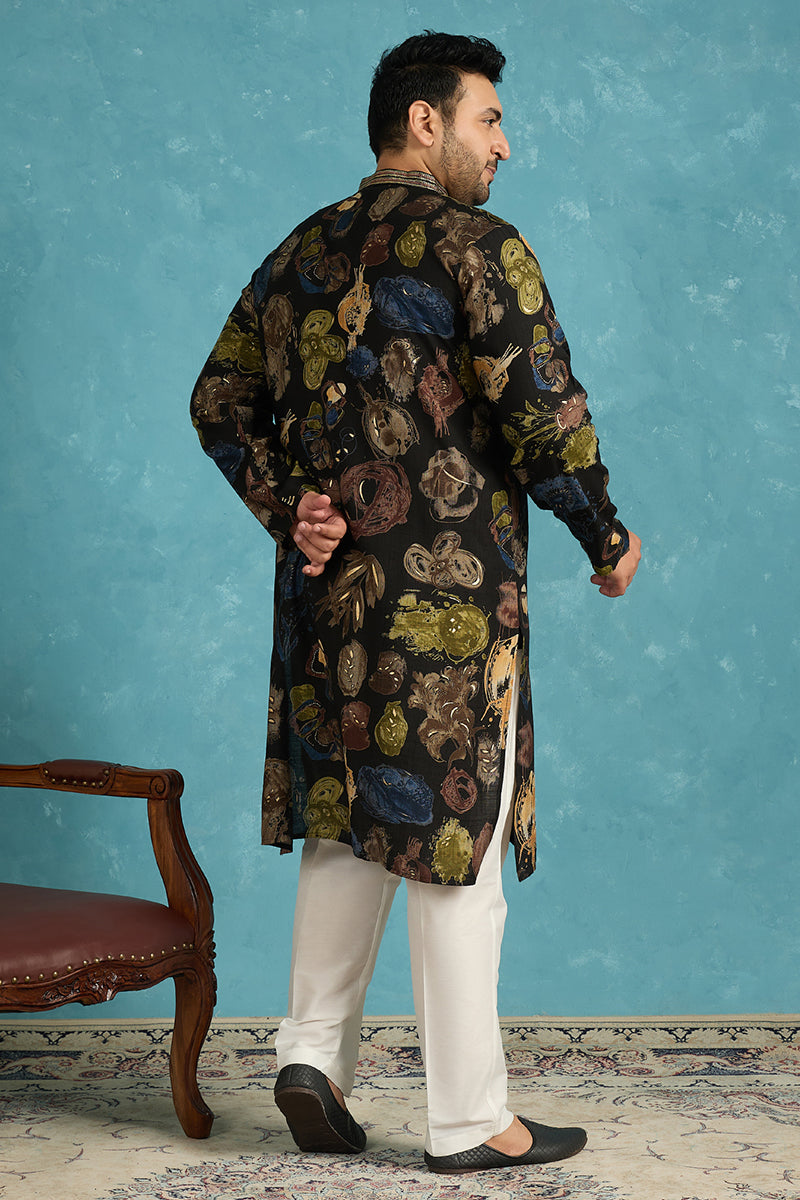 Mens Black Silk Blend Abstract Printed Kurta