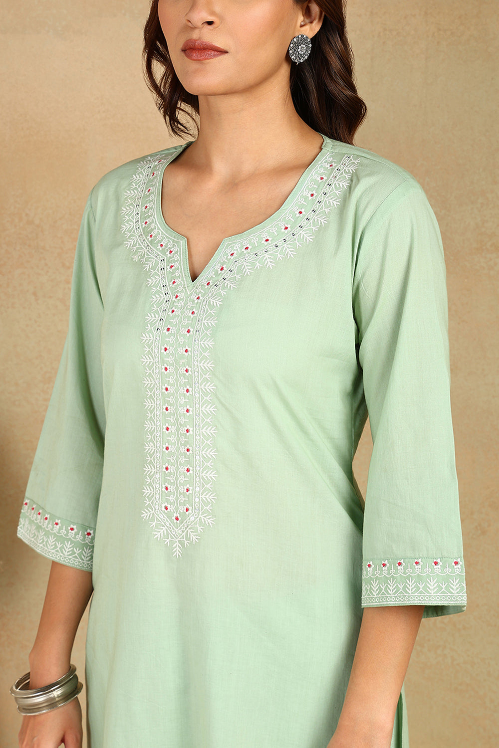 Green-Cotton-Embroidered-Short-Kurta