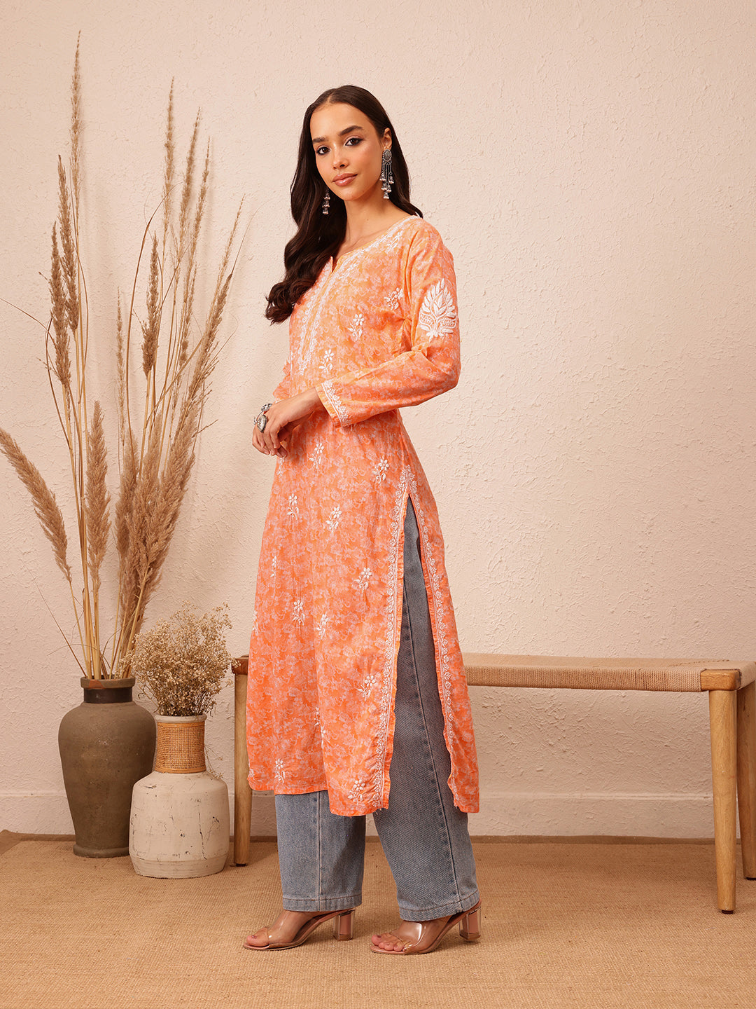 Peach Cotton Lucknow Chikankari Kurta