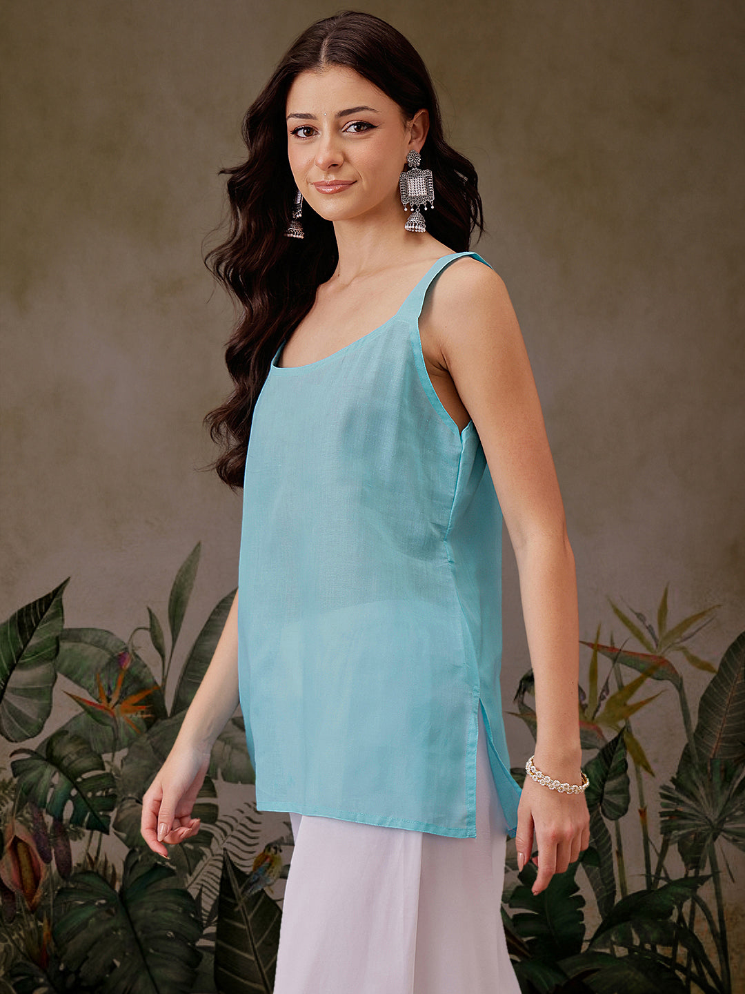 Sky Blue Poly Georgette Boho Tunic with Slip