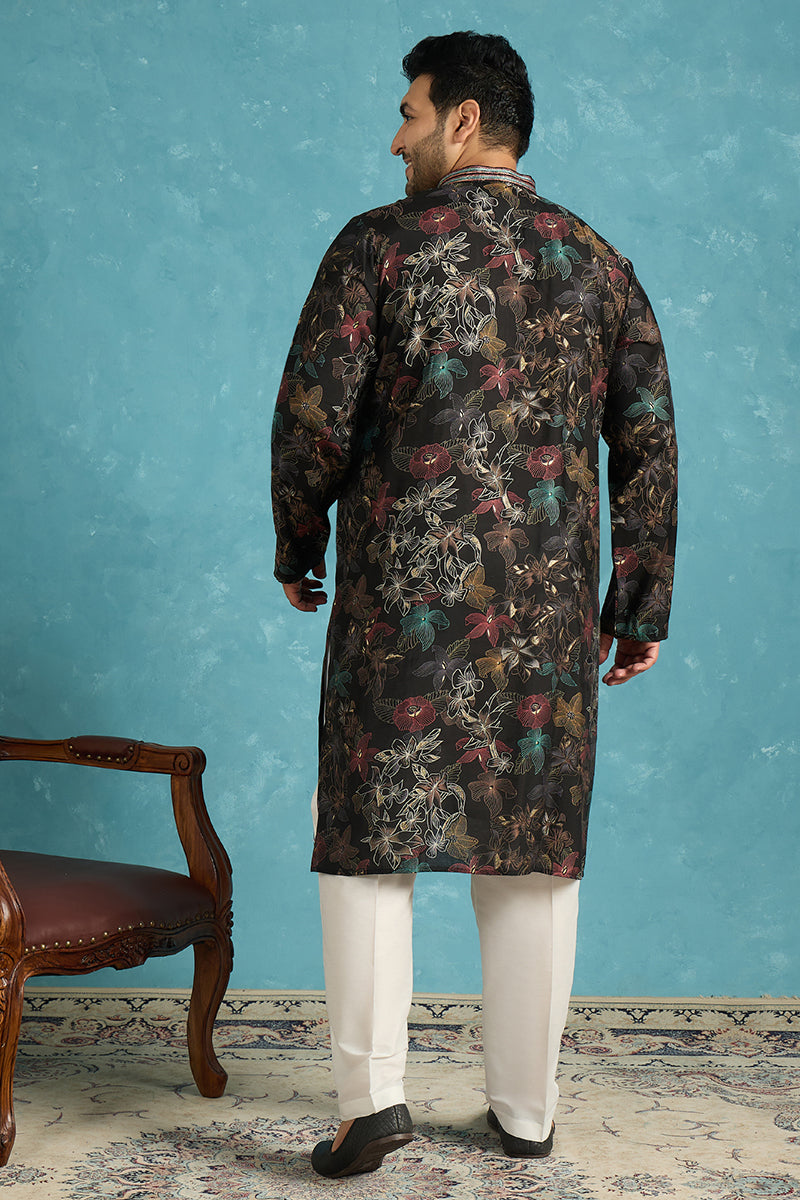 Mens Black Silk Blend Floral Printed Kurta