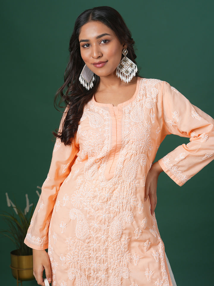 Hand Embroidered Lucknowi Chikankari Peach & White Cotton Kurta