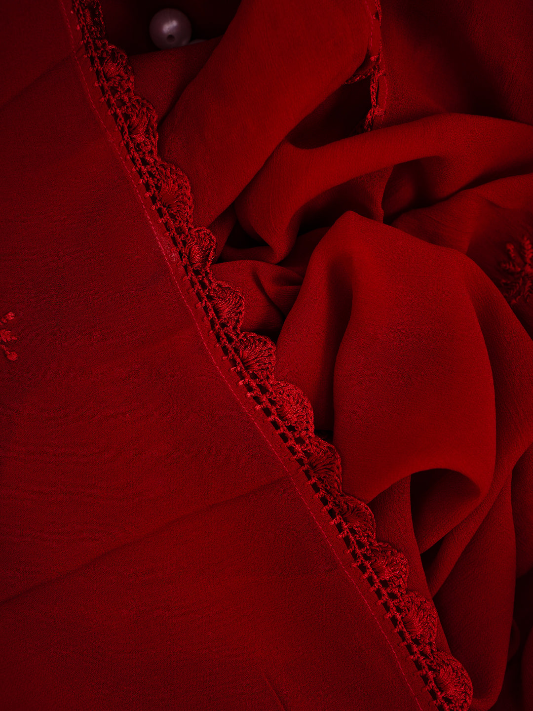 Red Poly Georgette Floral Chikankari Handloom Dupatta