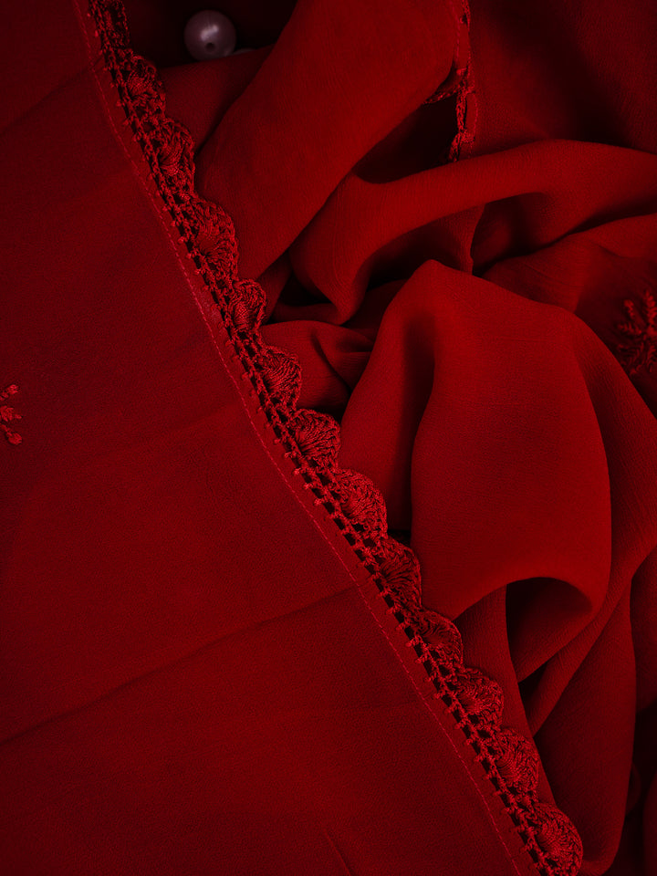 Red Poly Georgette Floral Chikankari Handloom Dupatta