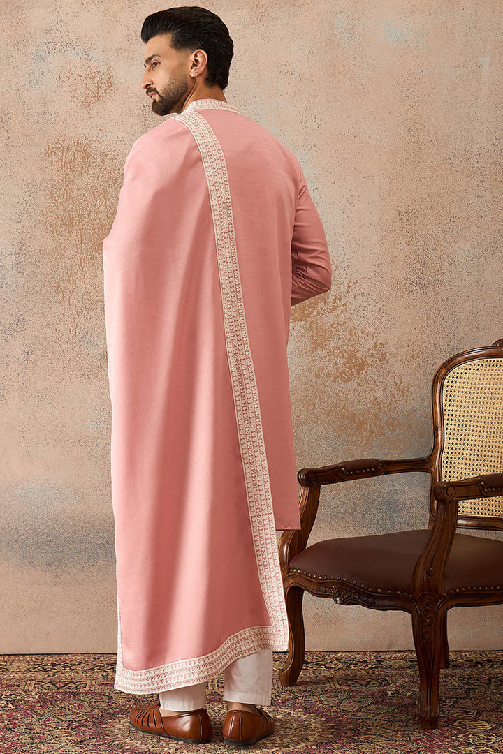 Mens Peach Silk Blend Solid Embroidered Kurta With Dupatta