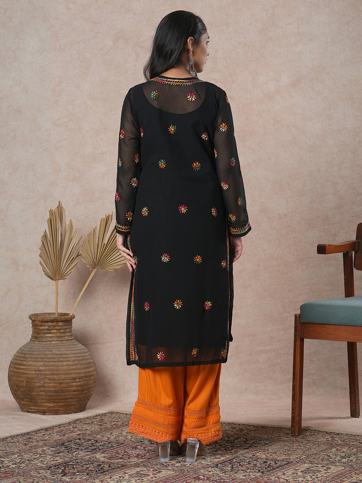 Black Embroidered Chikankari Kurta With Slip