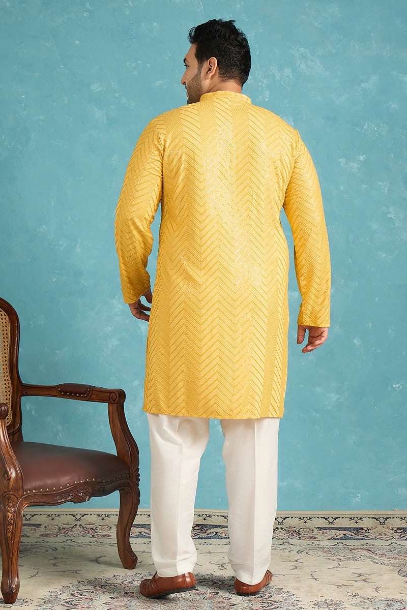 Mens Yellow Viscose Rayon Solid Thread Work Embroidered Kurta
