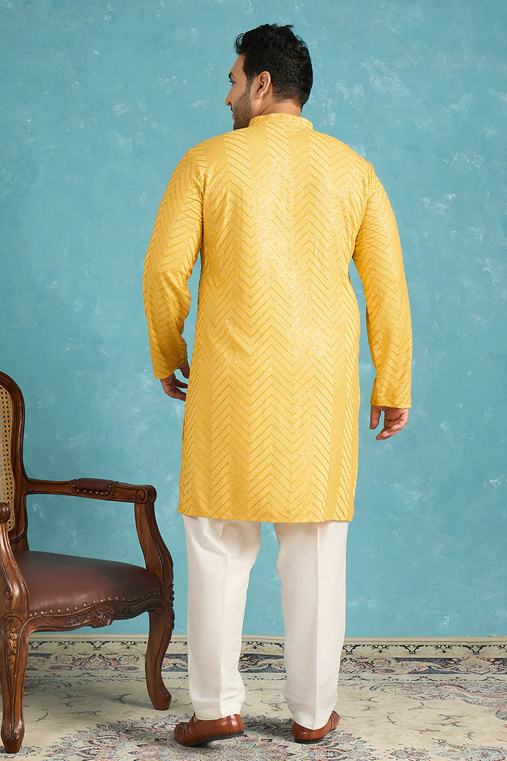 Mens Yellow Viscose Rayon Solid Thread Work Embroidered Kurta