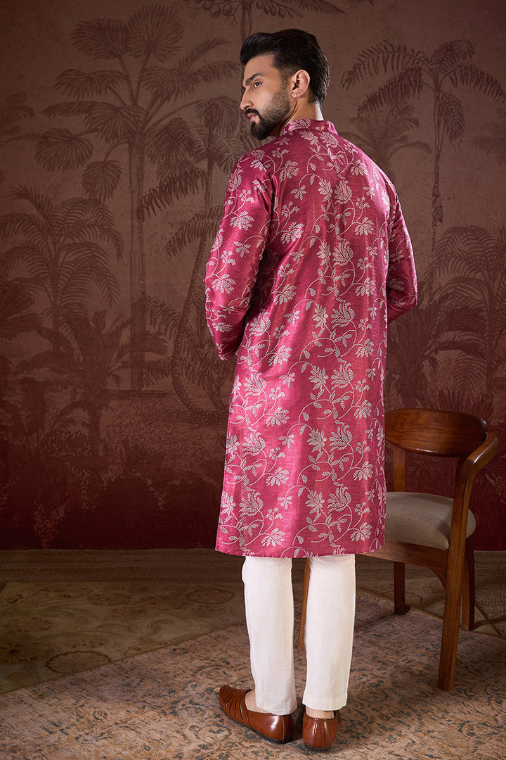 Mens Red Silk Blend Floral Printed Straight Kurta