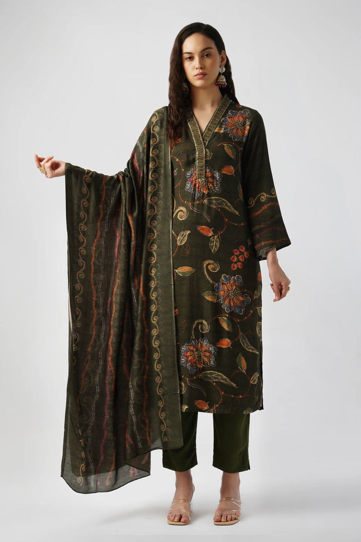 Forest Green Pure Pashmina Wool Designer Suit Set