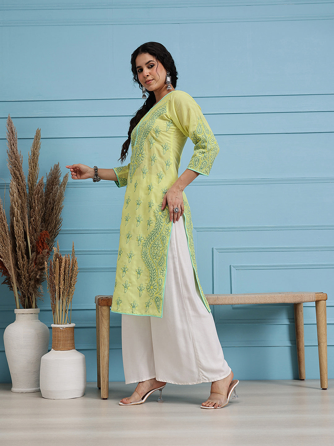 Lemon Yellow & Green Embroidered Chikankari Cotton Kurta