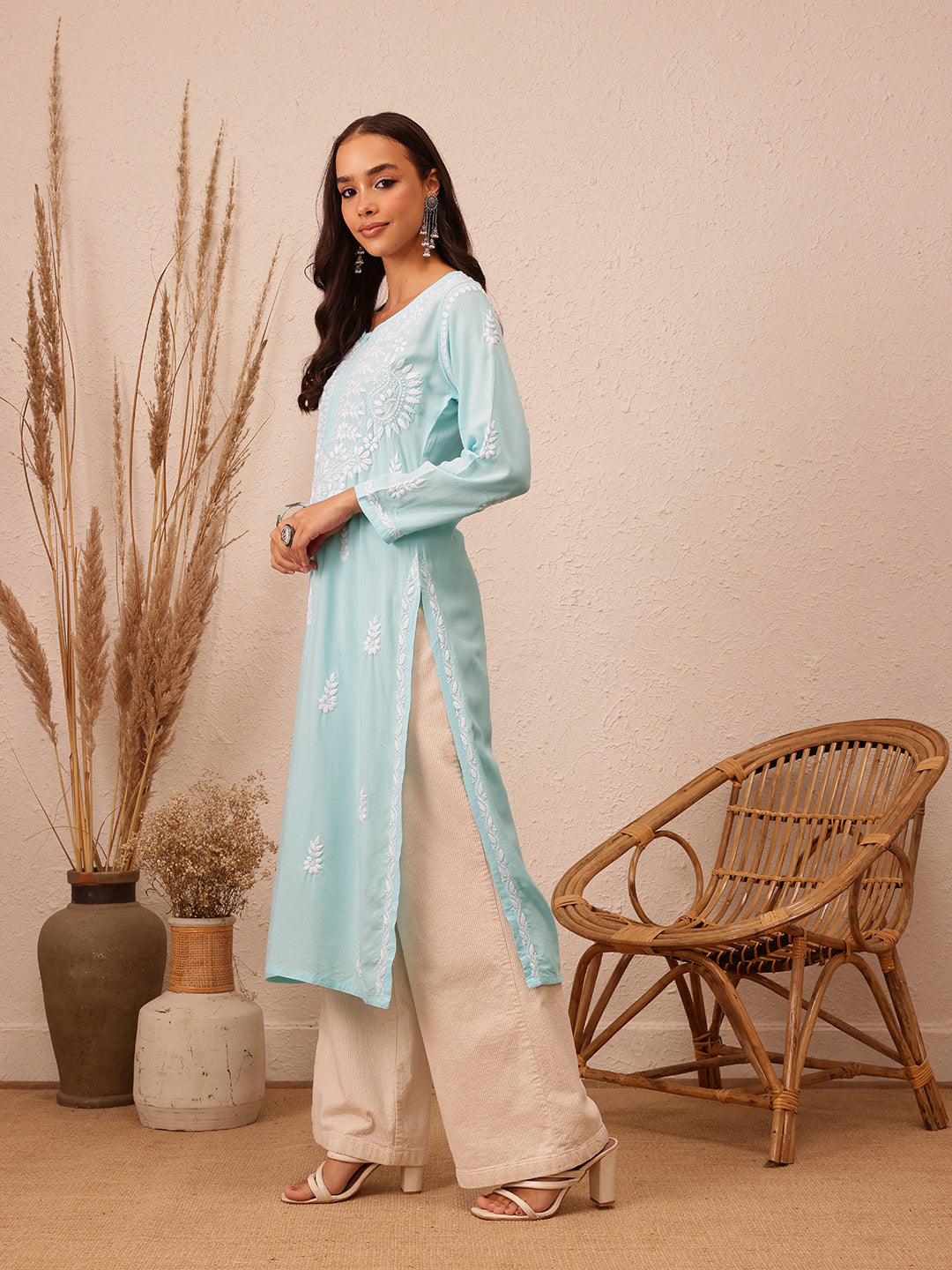 Sky Blue Rayon Chikankari Motif Straight Kurta