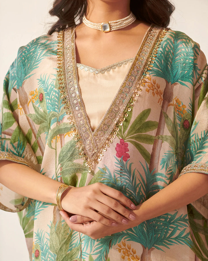 Cream-&-Multicolor-Tissue-Foliage-Print-Kaftan-Set