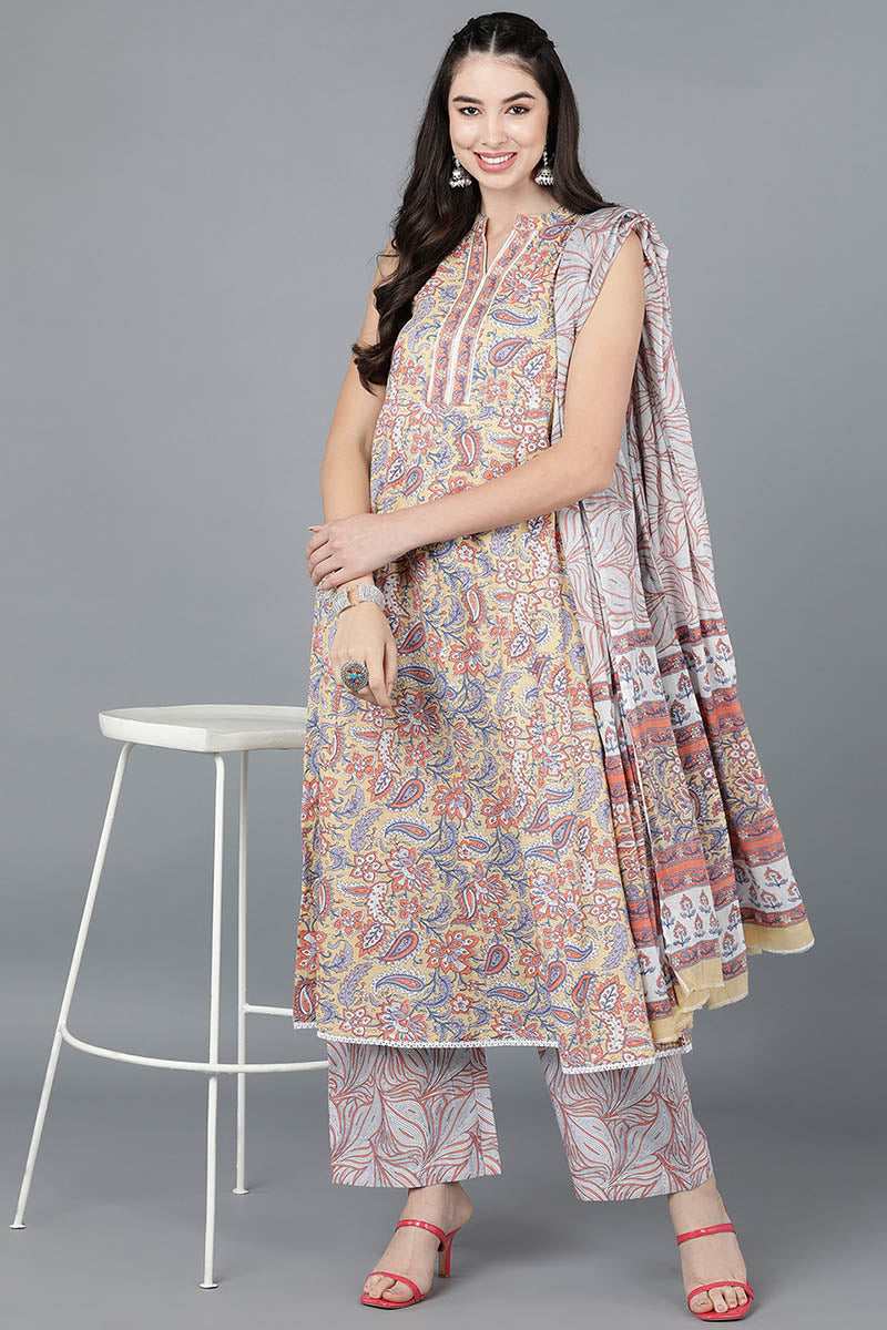 Yellow-Cotton-Flared-Kurta-Palazzo-With-Dupatta