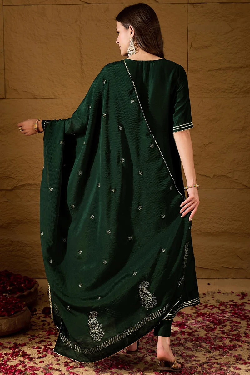 Green Silk Blend Embroidered Anarkali Suit Set