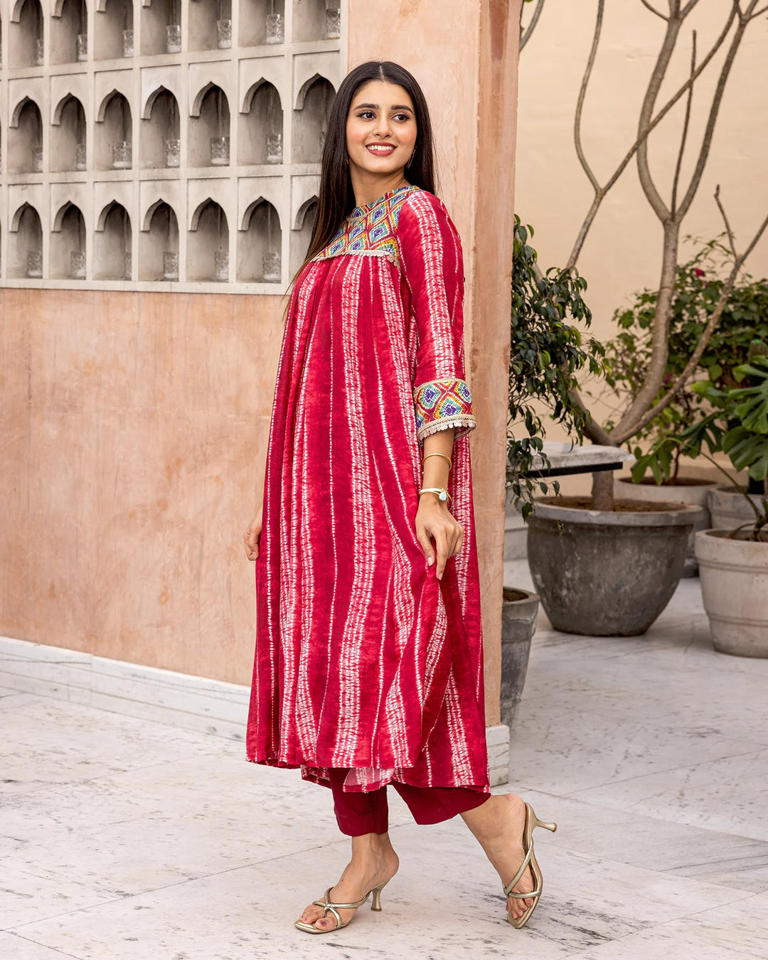 Red-Muslin-Tie-Dye-Gathered-2-Piece-Kurta-Set