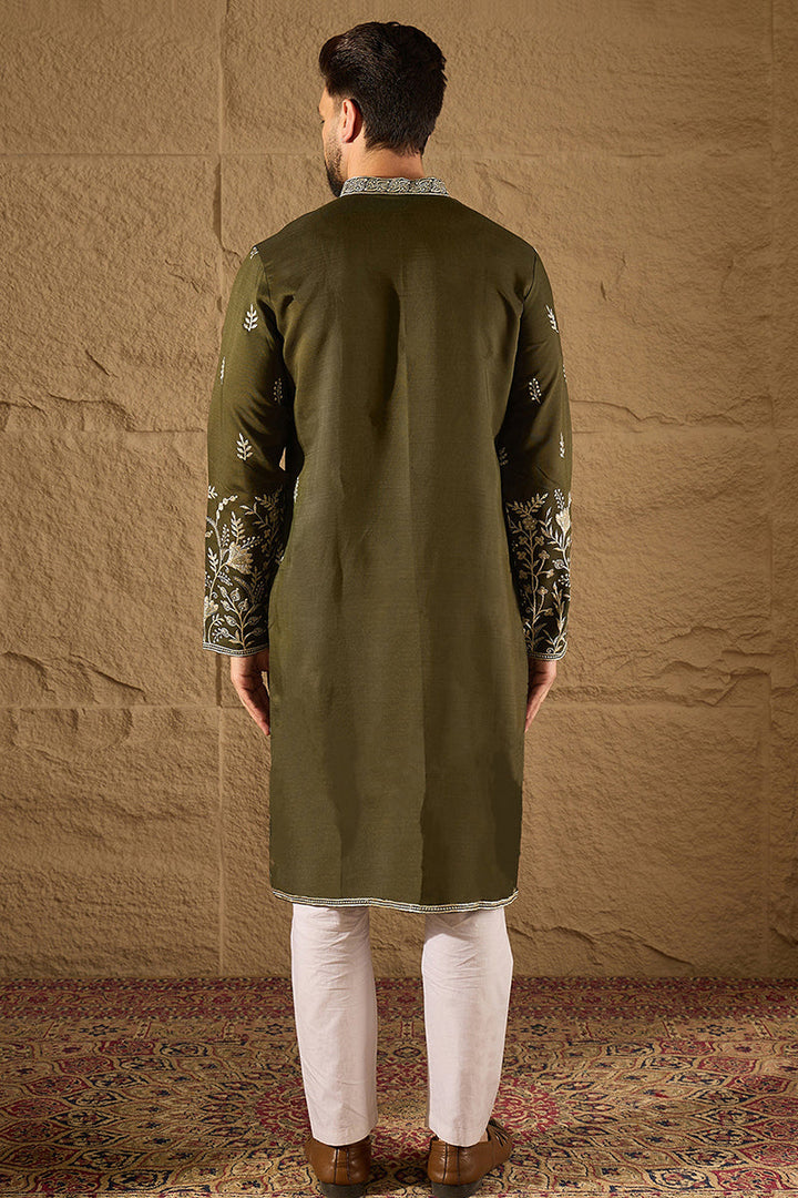 Mens Olive Vertican Solid Embroidered Straight Kurta