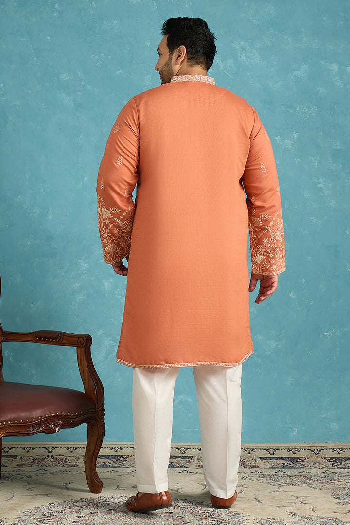 Mens Peach Silk Blend Solid Thread Work Embroidered Kurta