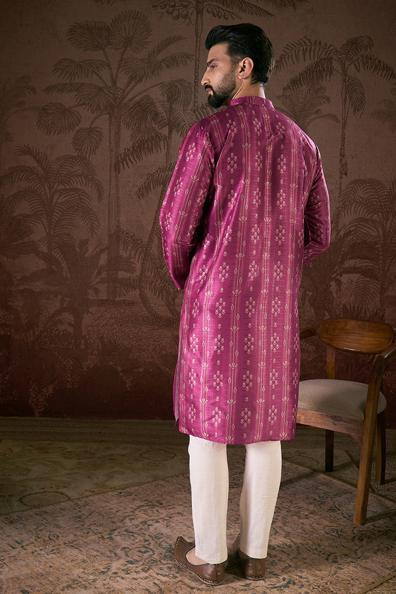 Mens Purple Silk Blend Floral Printed Straight Kurta