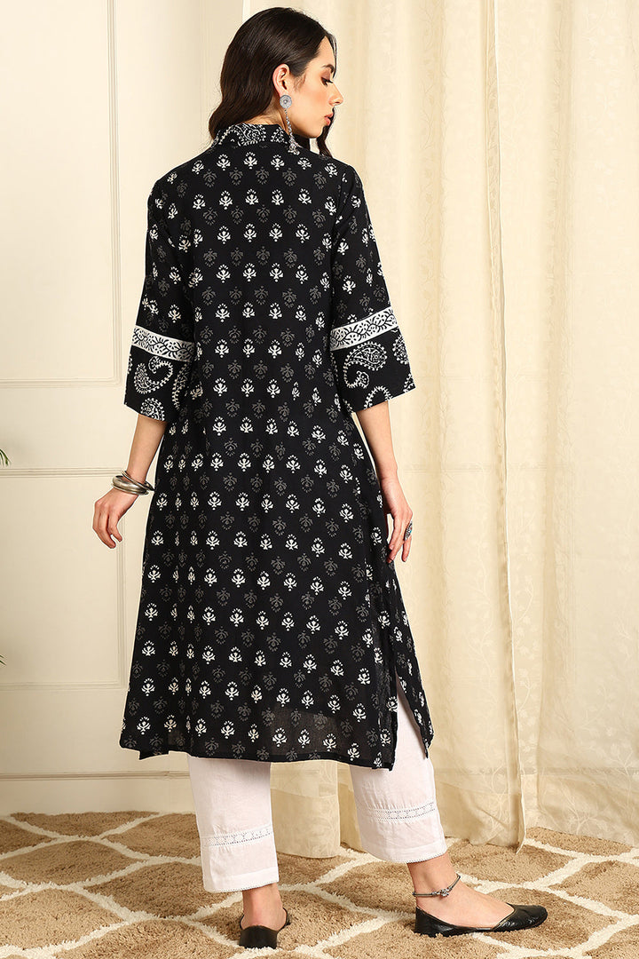 Black-&-White-Cotton-Straight-Bagru-Kurta