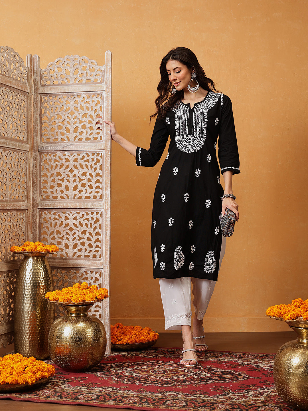 White Viscose Georgette Chikankari Palazzos