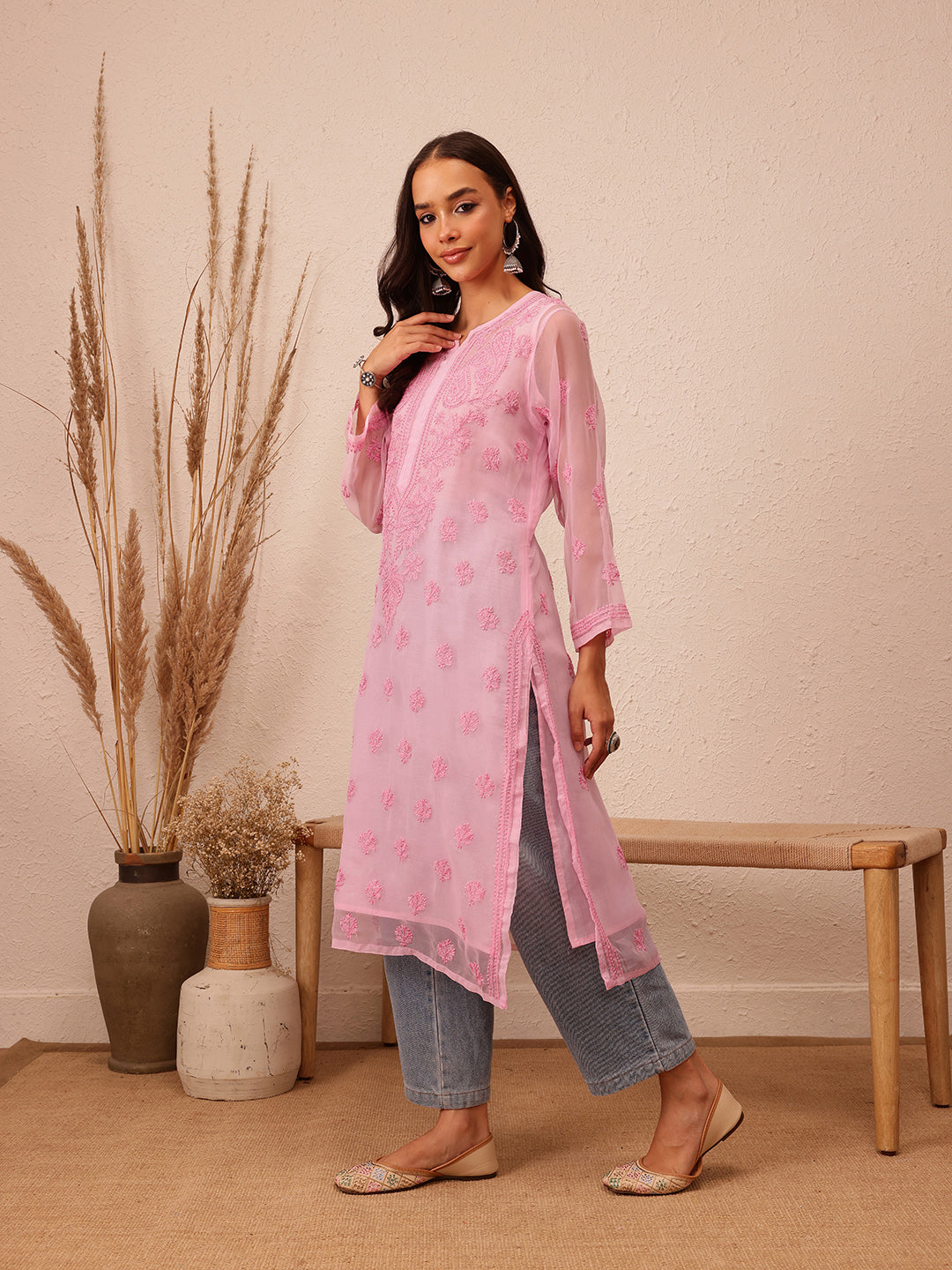 Embroidered Pink Chikankari Kurta With Slip