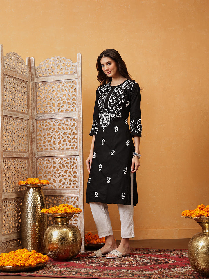 Hand Embroidered Lucknowi Chikankari Black Cotton Kurta