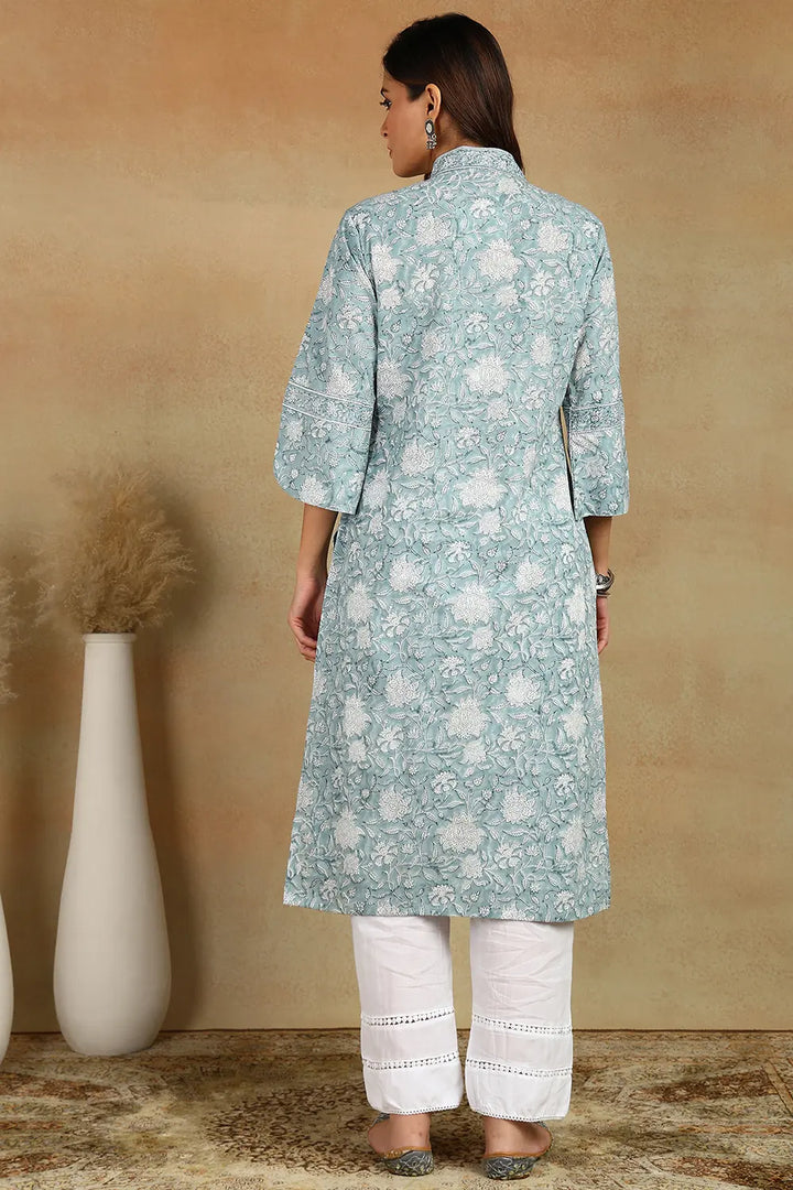 Grey-&-White-Cotton-Hand-Block-Printed-Straight-Bagru-Kurta