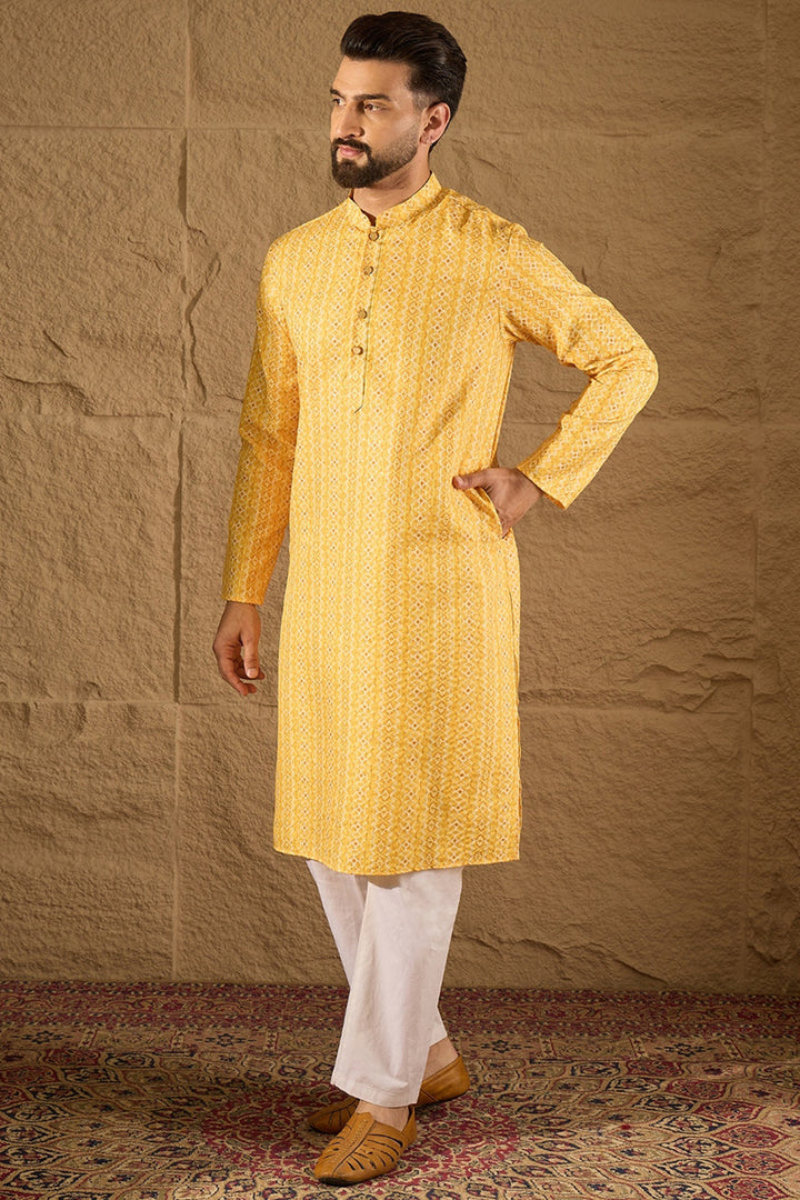 Mens Yellow Silk Blend Geometric Embroidered Straight Kurta with Trouser