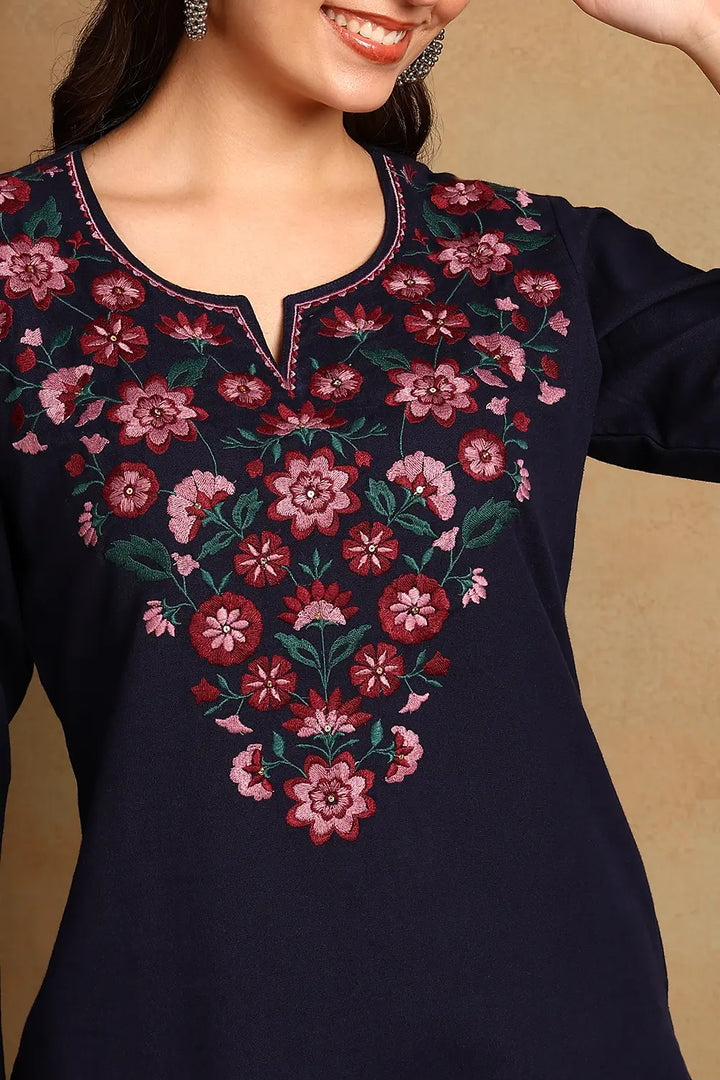 Navy-Blue-Embroidered-Flax-Linen-Kurta